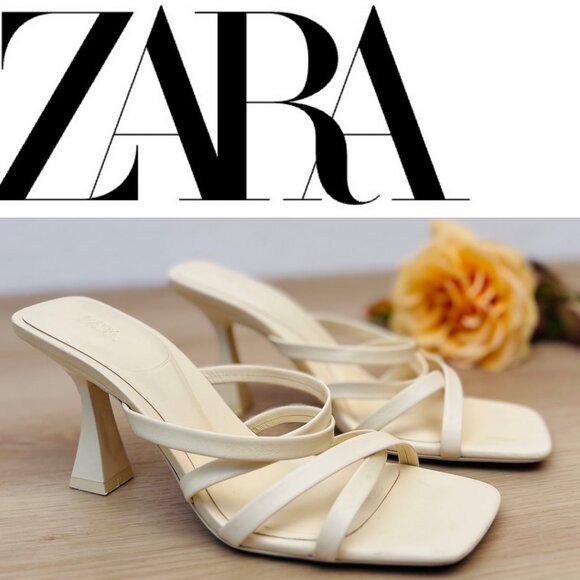 Zara Strappy Off White High Heel Leather Sandals 3.3" Heeled Mules US 8 / EU 39 - Picture 1 of 16